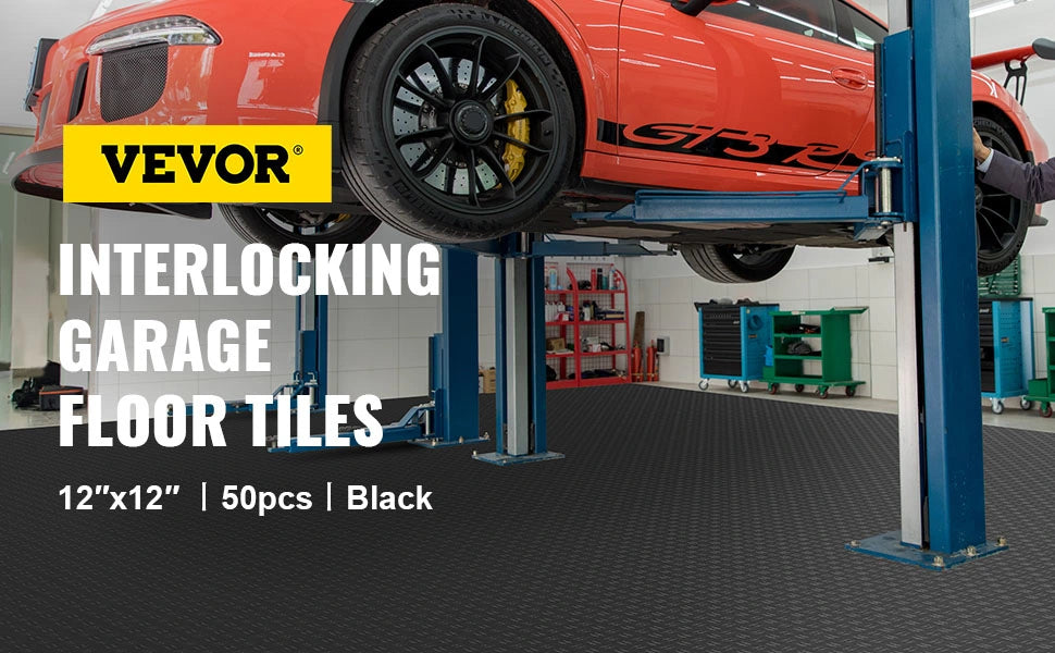 VEVOR Garage Tiles Interlocking, 12'' x 12'', 50 pcs, Black Garage Floor Covering Tiles, Non-Slip Diamond Plate Garage Flooring Tiles, Support up to 55,000 lbs for Basements, Gyms, Repair Shops