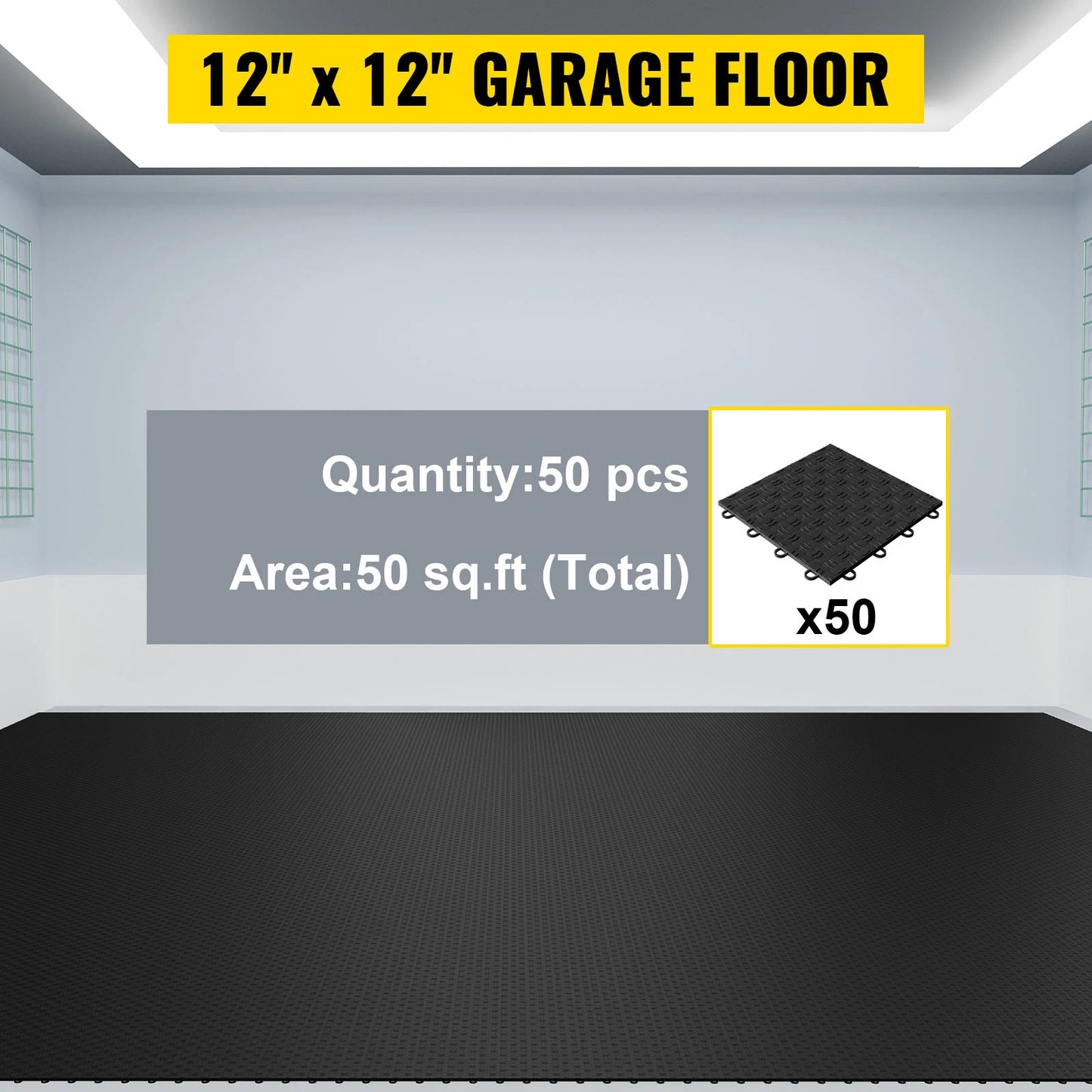 VEVOR Garage Tiles Interlocking, 12'' x 12'', 50 pcs, Black Garage Floor Covering Tiles, Non-Slip Diamond Plate Garage Flooring Tiles, Support up to 55,000 lbs for Basements, Gyms, Repair Shops